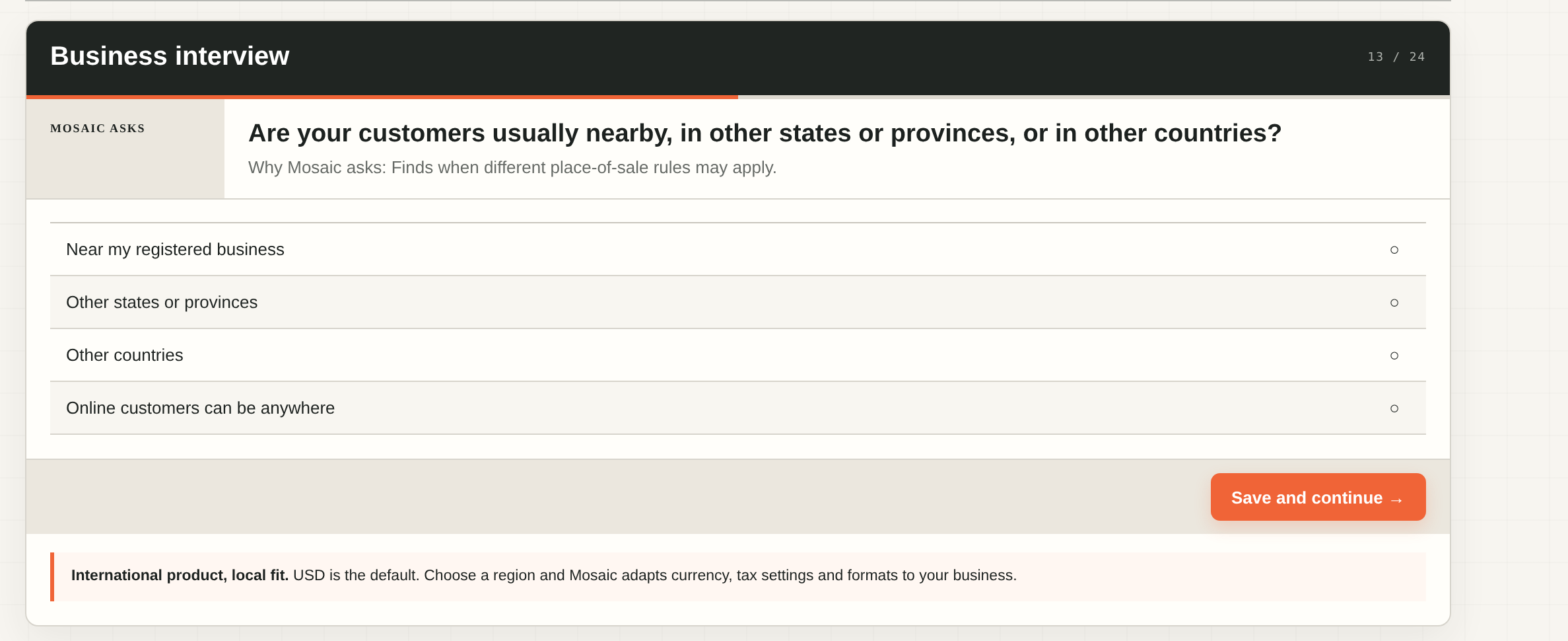 The real Mosaic owner interview asking one plain question at a time, with the reason for the question shown alongside