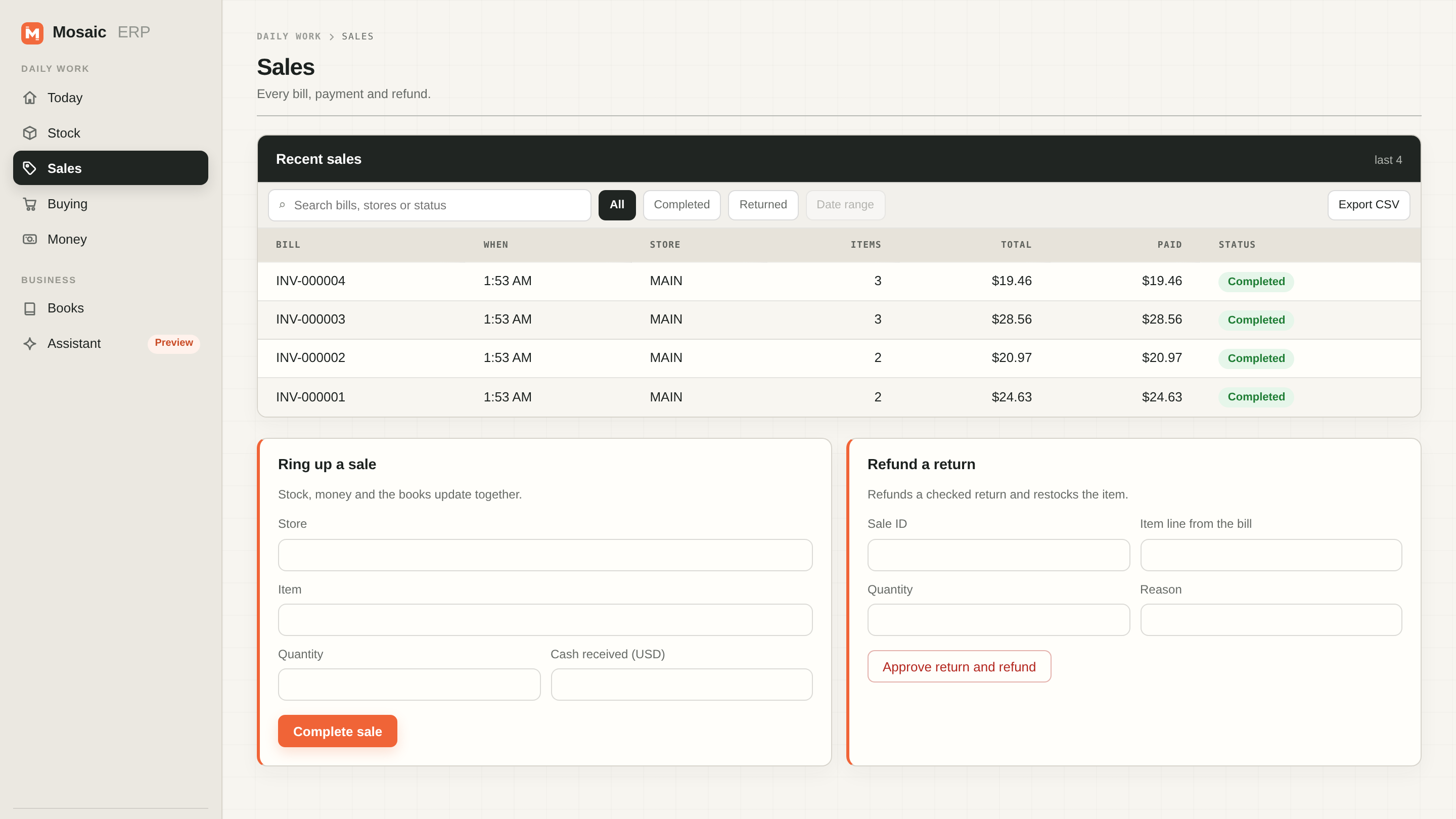 The configured Mosaic retail workspace for Northstar General Store, showing today's sales rung up from live stock
